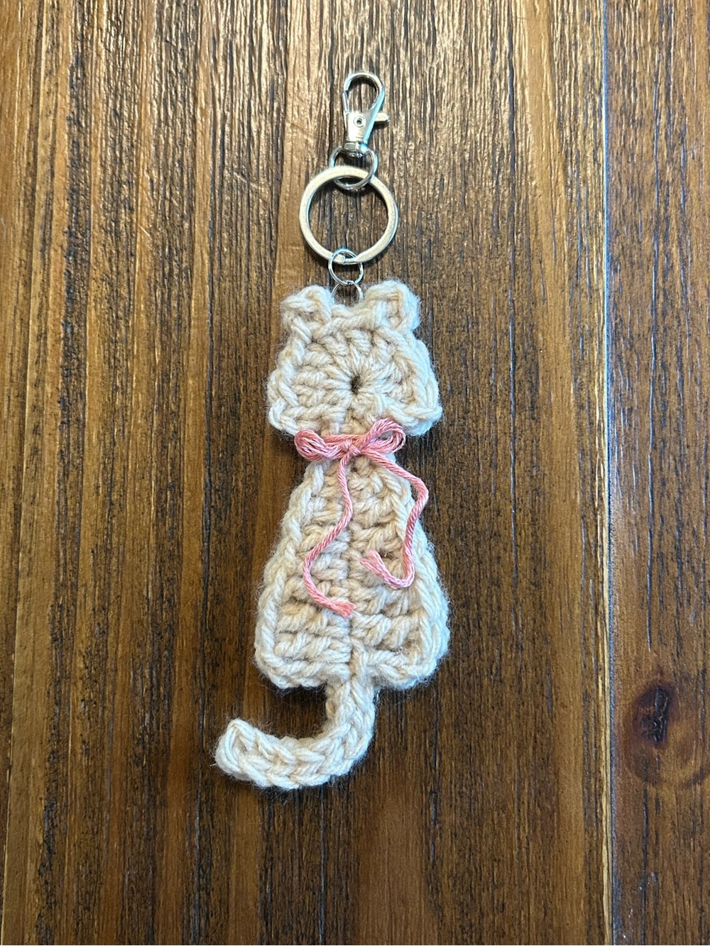 Handmade Cream Crochet Cat Keychain with Pink Bow Bag Charm